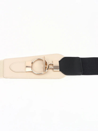 Wanderlust Wide Elastic Belt - Boho Chic Statement Accessory with Vintage Alloy Buckle: Cream - minbolu -