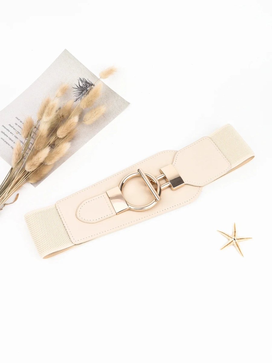 Wanderlust Wide Elastic Belt - Boho Chic Statement Accessory with Vintage Alloy Buckle: Cream - minbolu -