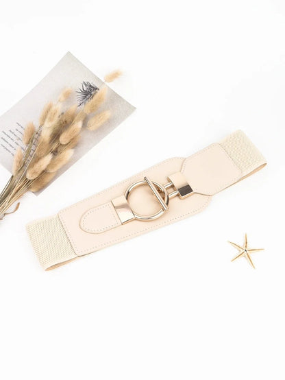 Wanderlust Wide Elastic Belt - Boho Chic Statement Accessory with Vintage Alloy Buckle: Cream - minbolu -