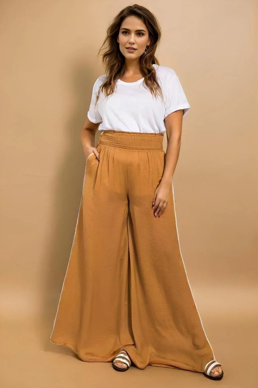 Washed Satin Wide Leg Pants - Elegant Camel Style - minbolu
