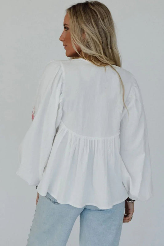White Flower Lace - up V Neck Flowy Babydoll Blouse - minbolu