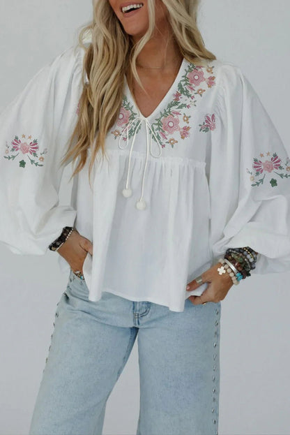 White Flower Lace-up V Neck Flowy Babydoll Blouse - minbolu -