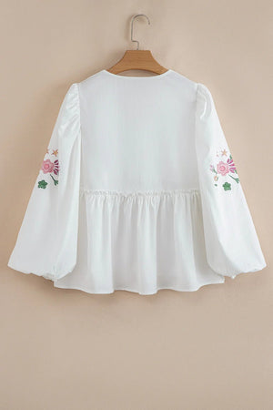 White Flower Lace-up V Neck Flowy Babydoll Blouse - minbolu -