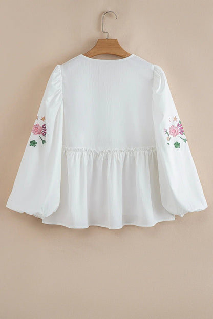 White Flower Lace-up V Neck Flowy Babydoll Blouse - minbolu -