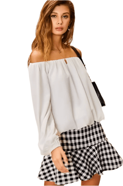 White Off - Shoulder Bubble Sleeve Top - minbolu