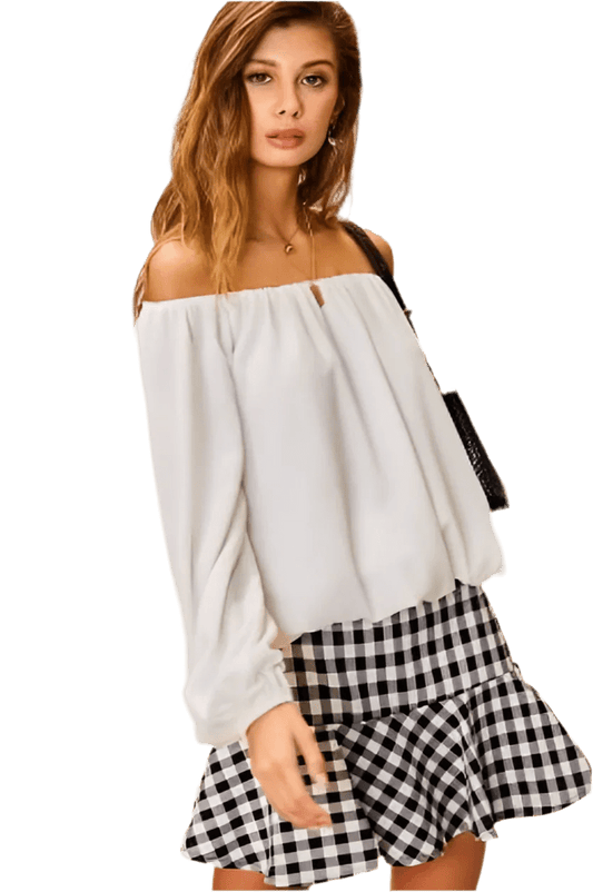 White Off - Shoulder Bubble Sleeve Top - minbolu