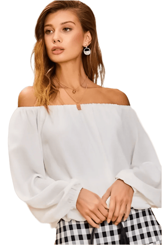 White Off - Shoulder Bubble Sleeve Top - minbolu