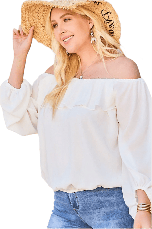 White Off Shoulder Ruffle Bubble Sleeve Top - minbolu -