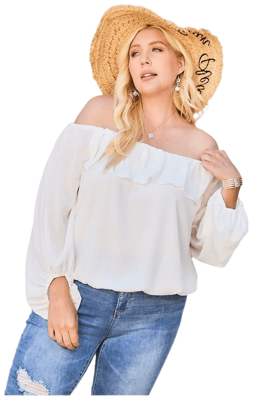White Off Shoulder Ruffle Bubble Sleeve Top - minbolu