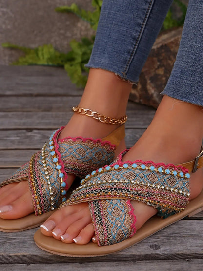 Women's Bohemian Cross - Strap Flat Sandals - Comfortable Ankle Buckle Strappy Sandals - minbolu