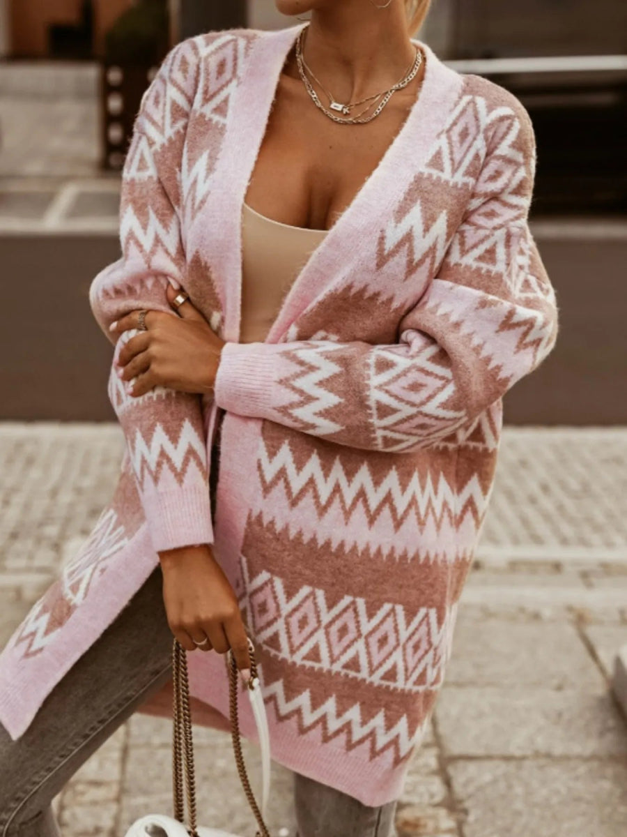 Bohemian Geometric Pattern Longline Cardigan - minbolu -
