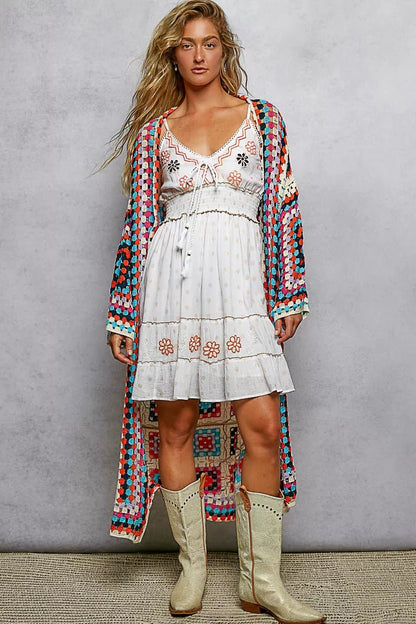 POL Open Front Crochet Cardigan with Weave Knit Patterns - minbolu -