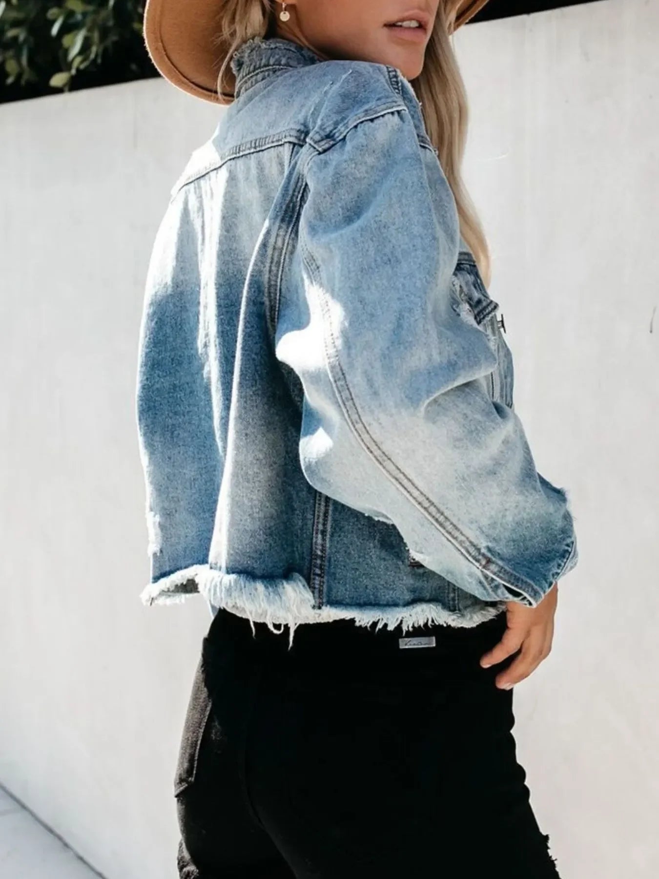 Women's Distressed Raw Hem Denim Jacket - Light Blue Jean Jacket - minbolu -