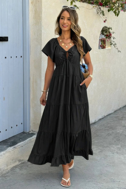 Women's Elegant Square Neck Maxi Dress with Pockets & Ruffle Hem - minbolu