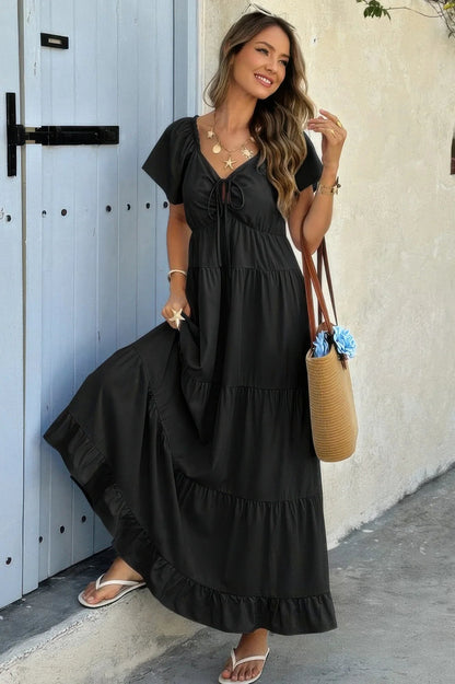 Women's Elegant Square Neck Maxi Dress with Pockets & Ruffle Hem - minbolu