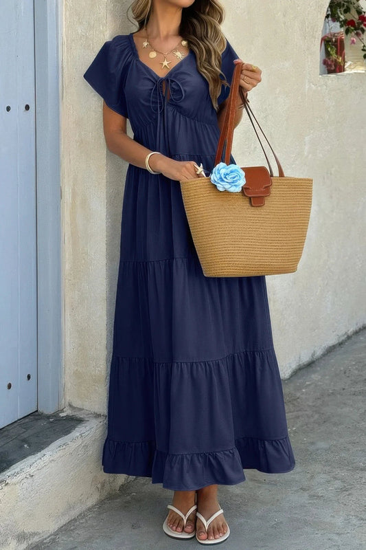 Women's Elegant Square Neck Maxi Dress with Pockets & Ruffle Hem - minbolu