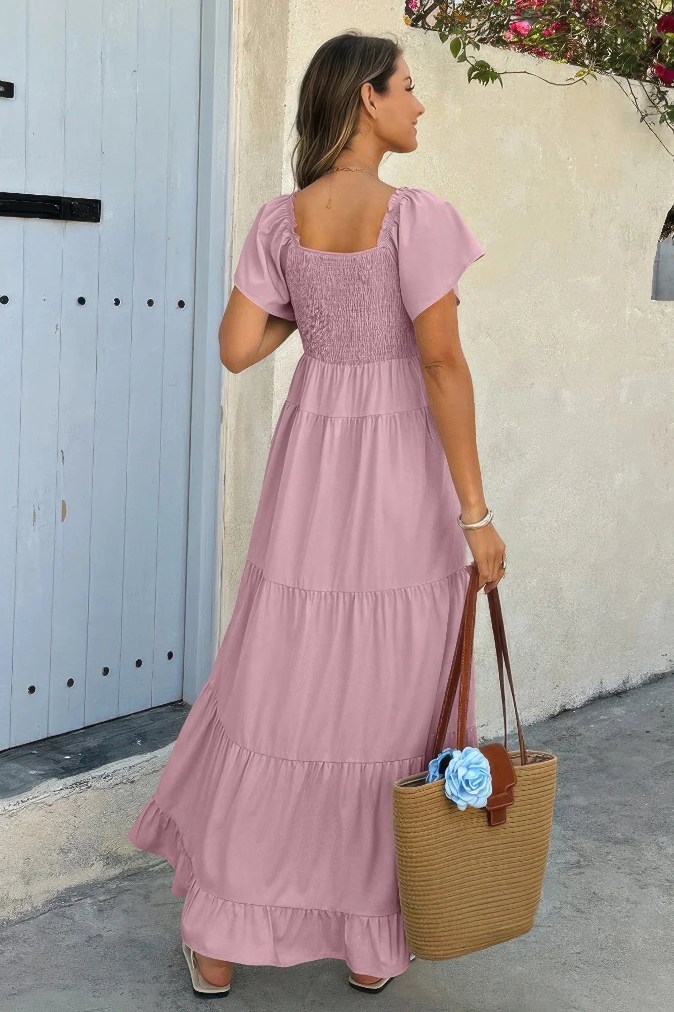 Women's Elegant Square Neck Maxi Dress with Pockets & Ruffle Hem - minbolu