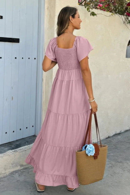 Women's Elegant Square Neck Maxi Dress with Pockets & Ruffle Hem - minbolu