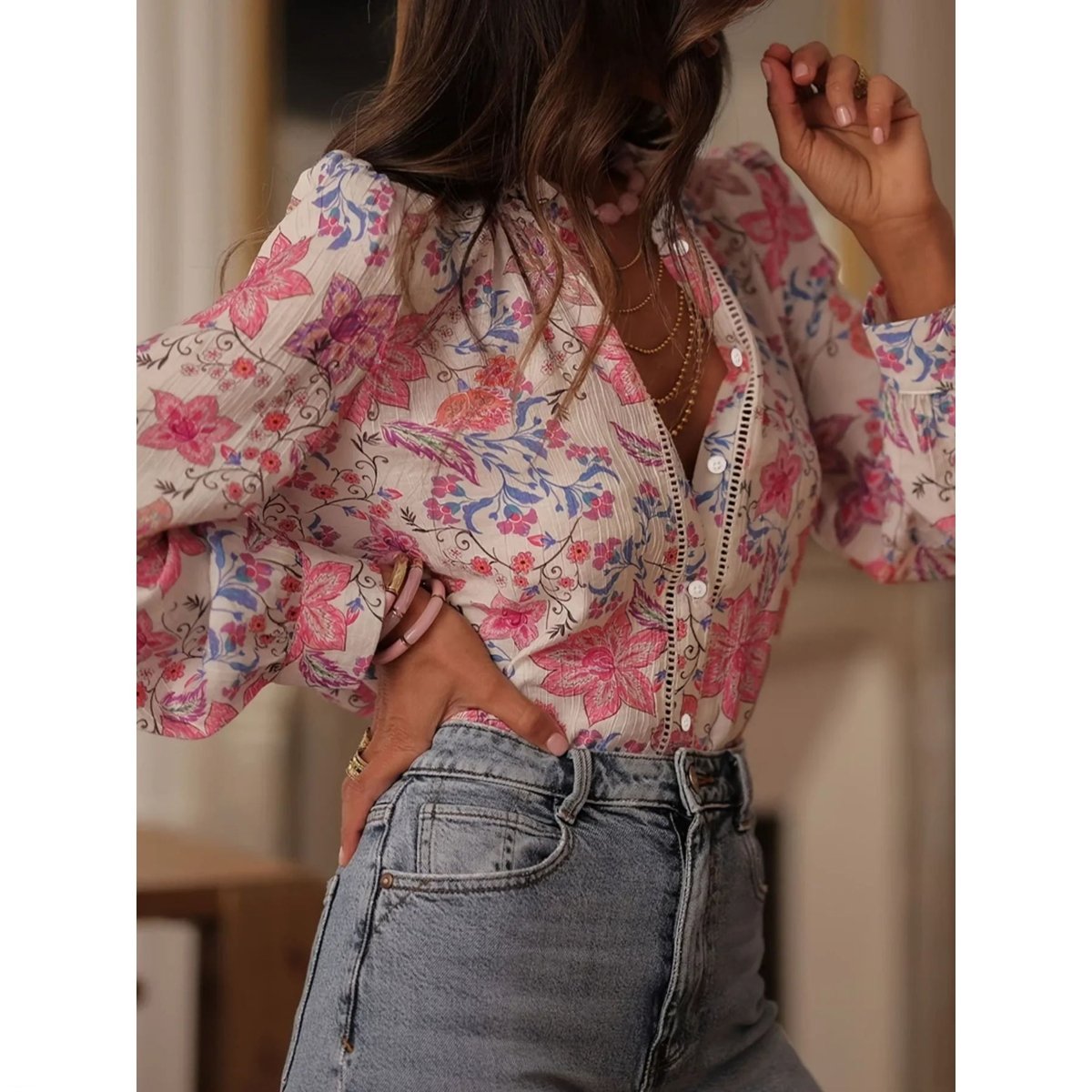 Women's Floral Button Up Shirt - Professional Long Sleeve Blouse - minbolu -