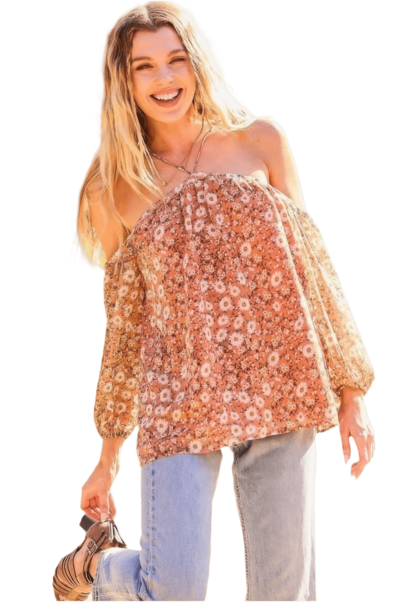 Women's Halter Neck Floral Print Top in Terracotta - minbolu