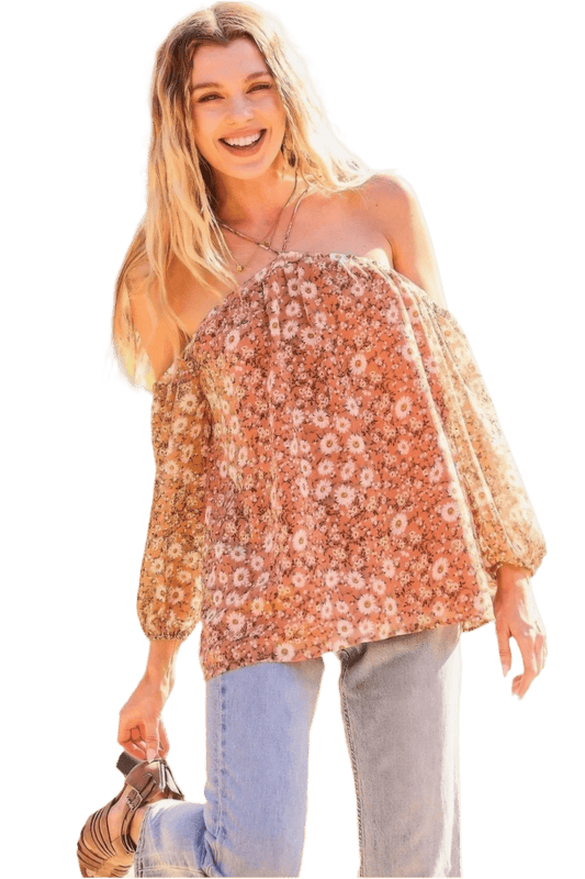 Women's Halter Neck Floral Print Top in Terracotta - minbolu