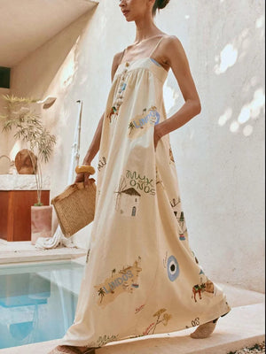 Women's Maxi Dress - Bohemian Print Cami with Pockets Long Dress - minbolu -