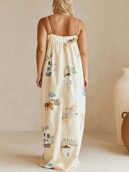 Women's Maxi Dress - Bohemian Print Cami with Pockets Long Dress - minbolu
