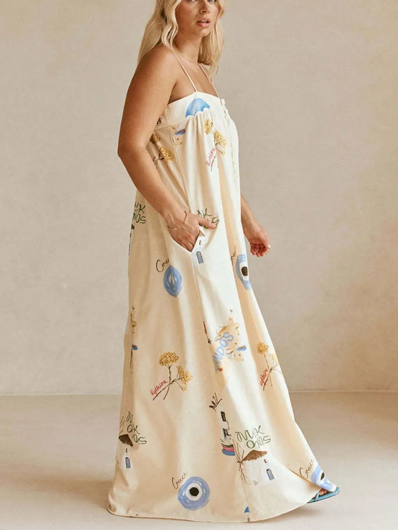 Women's Maxi Dress - Bohemian Print Cami with Pockets Long Dress - minbolu -