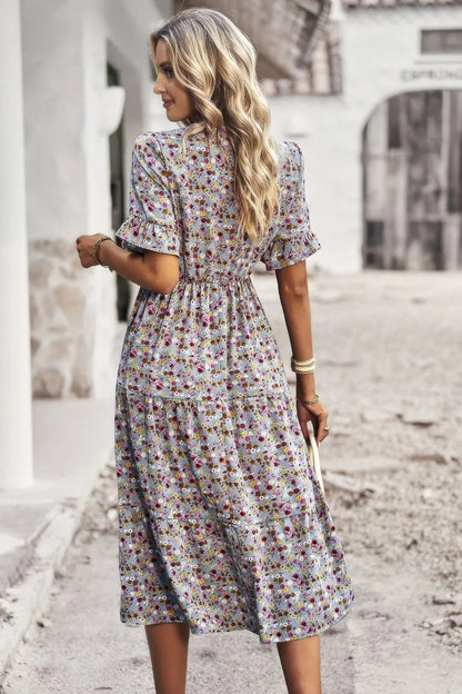 Women's Maxi Dress - Boho V-Neck Floral Print with Ruffle Hem - minbolu -