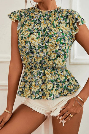 Women's Peplum Top - Floral Mock Neck Flutter Sleeve Blouse - minbolu -