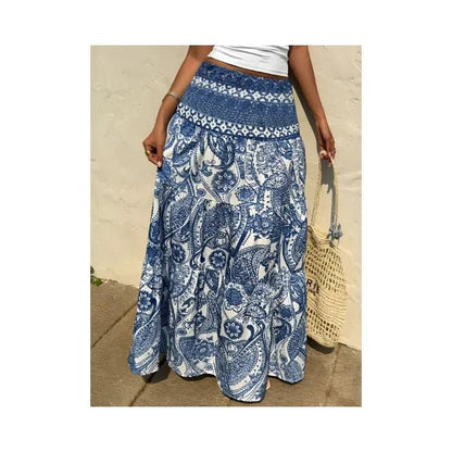 Women's Printed Tiered Maxi Skirt - Floral Boho Long Skirt - minbolu -
