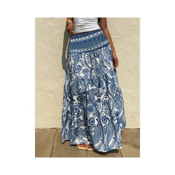 Women's Printed Tiered Maxi Skirt - Floral Boho Long Skirt - minbolu -