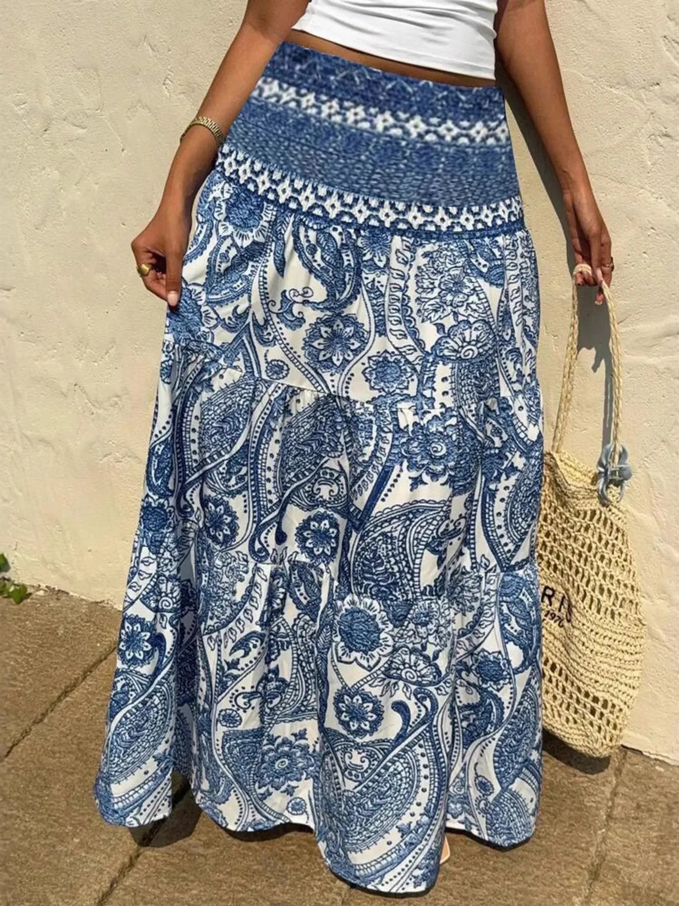 Women's Printed Tiered Maxi Skirt - Floral Boho Long Skirt - minbolu -