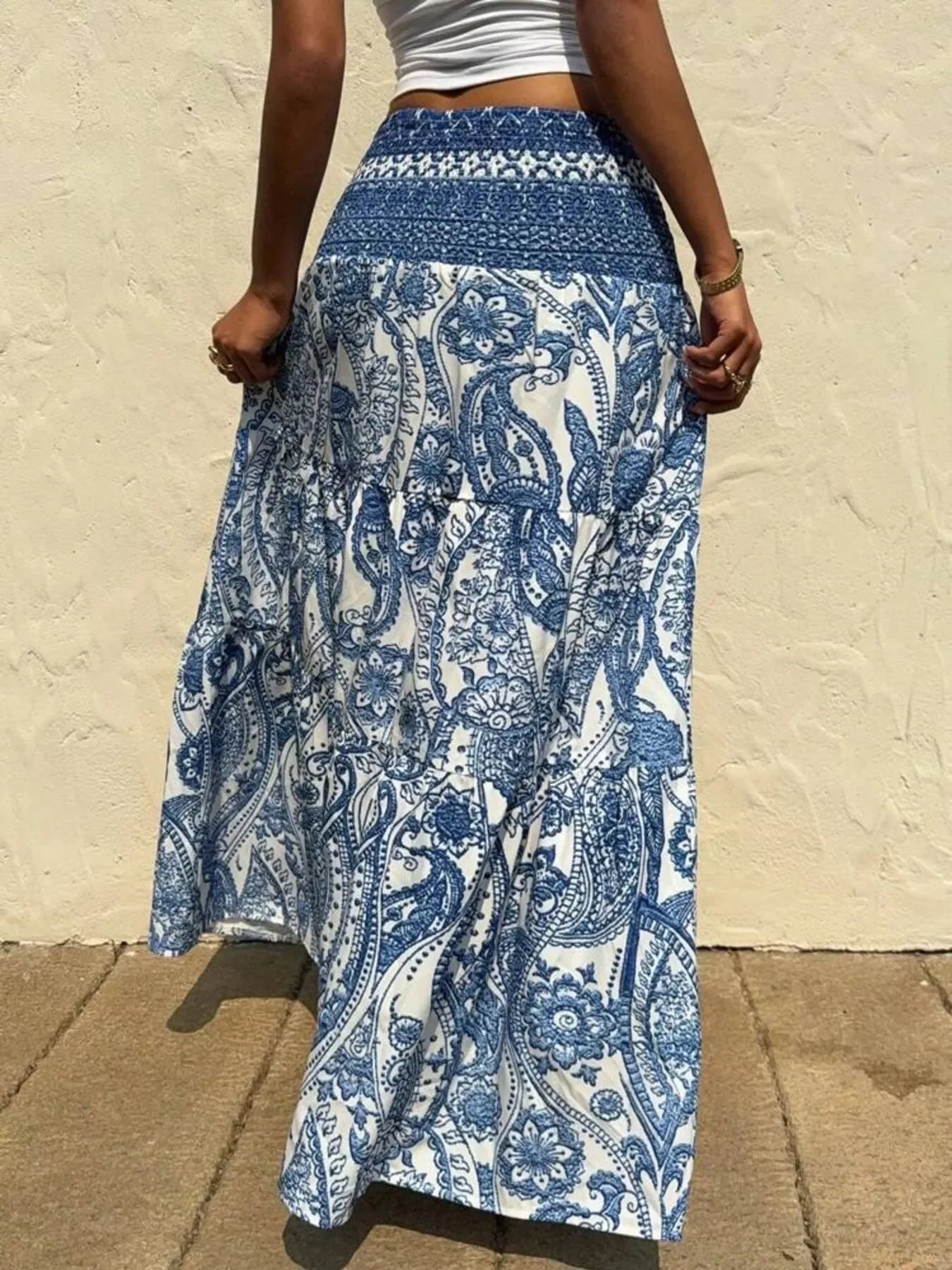 Women's Printed Tiered Maxi Skirt - Floral Boho Long Skirt - minbolu -