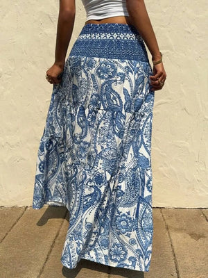 Women's Printed Tiered Maxi Skirt - Floral Boho Long Skirt - minbolu -