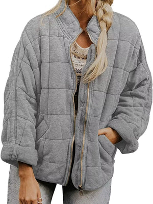 Full Size Zip Up Quilted Bomber Jacket Plus Size - minbolu -