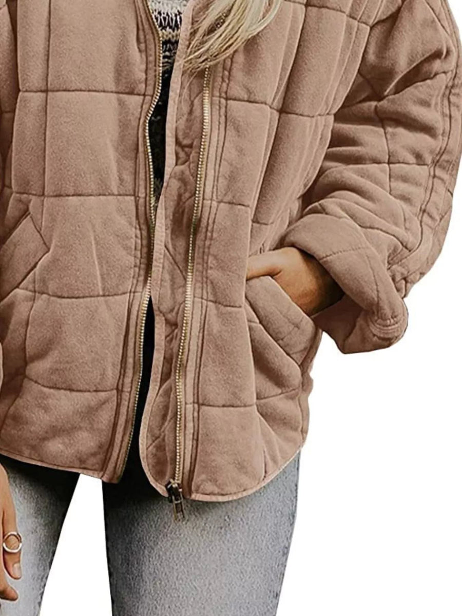 Full Size Zip Up Quilted Bomber Jacket Plus Size - minbolu -