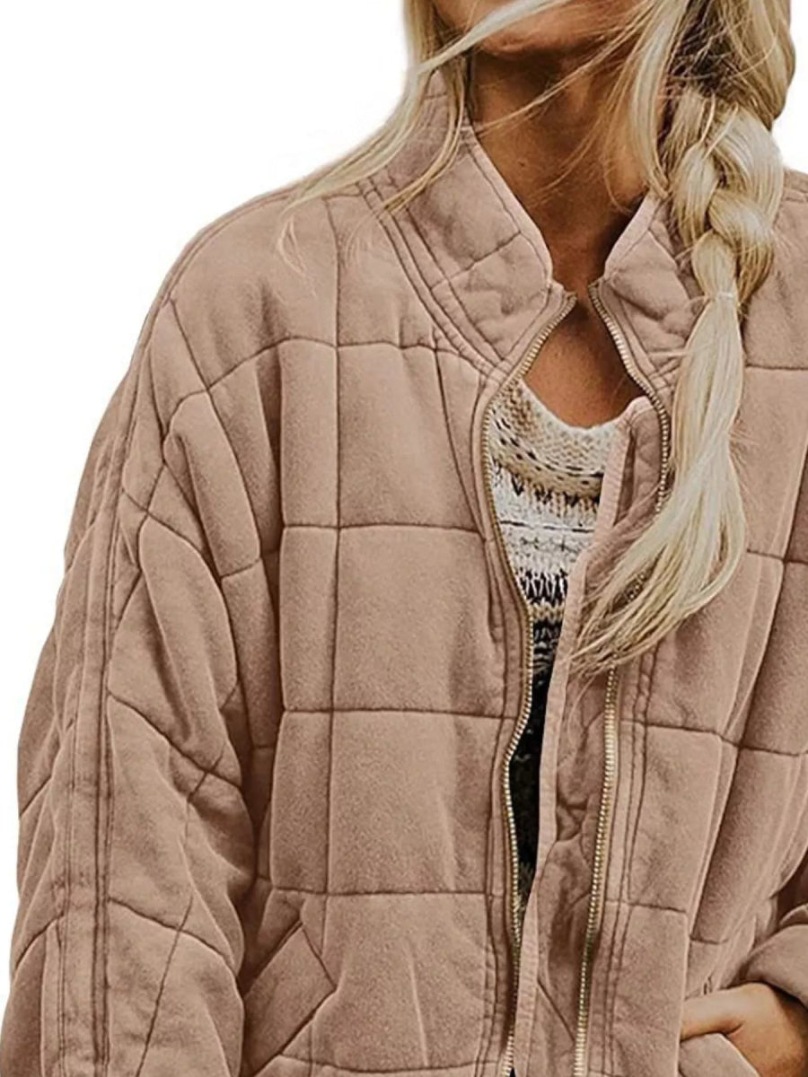 Full Size Zip Up Quilted Bomber Jacket Plus Size - minbolu -