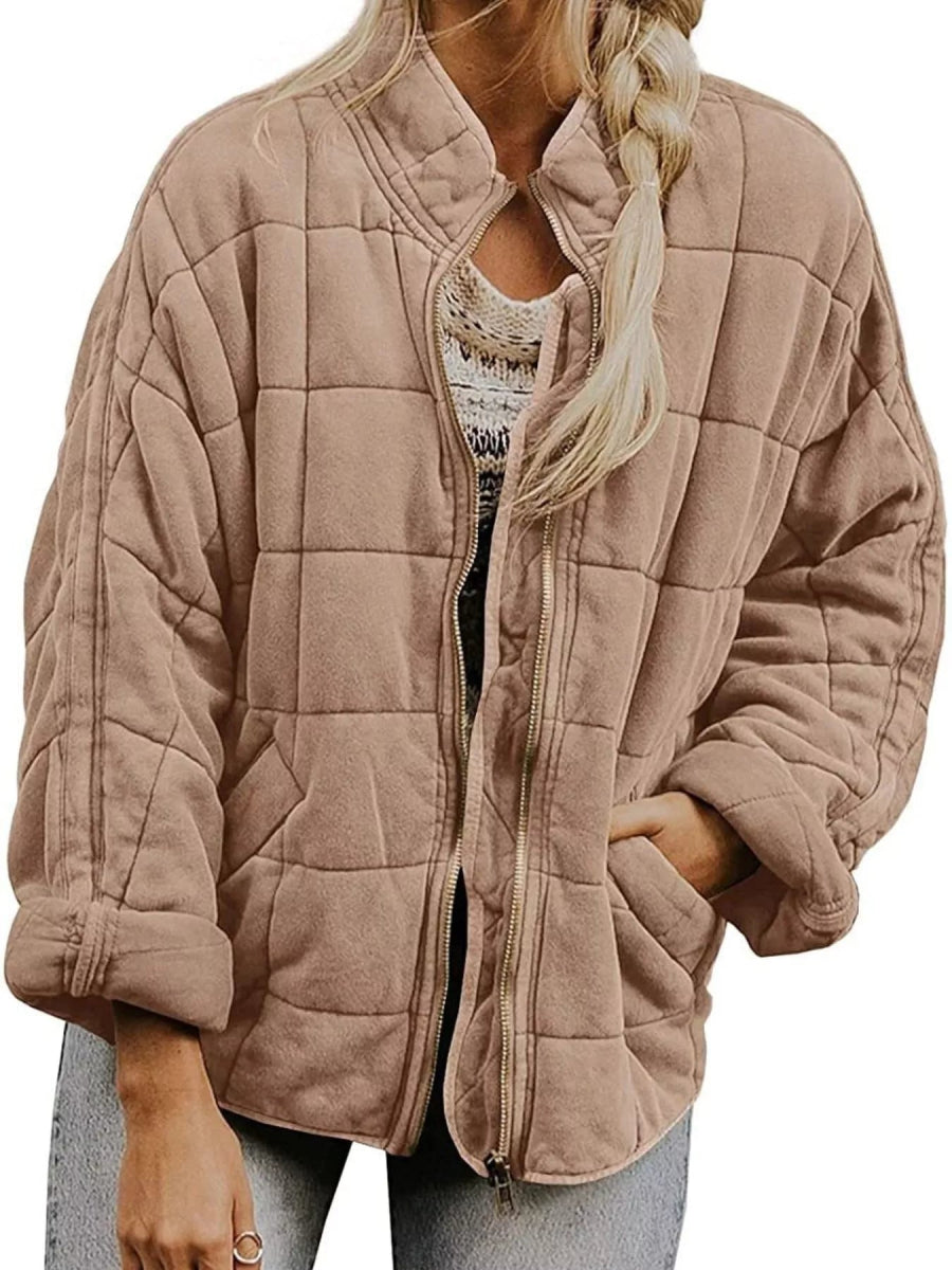 Full Size Zip Up Quilted Bomber Jacket Plus Size - minbolu -