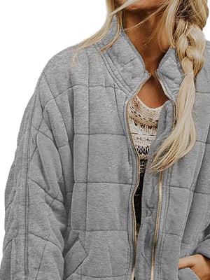 Full Size Zip Up Quilted Bomber Jacket Plus Size - minbolu -