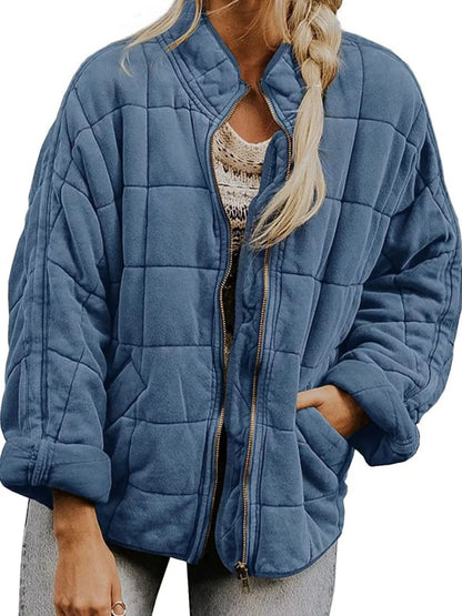 Full Size Zip Up Quilted Bomber Jacket Plus Size - minbolu -