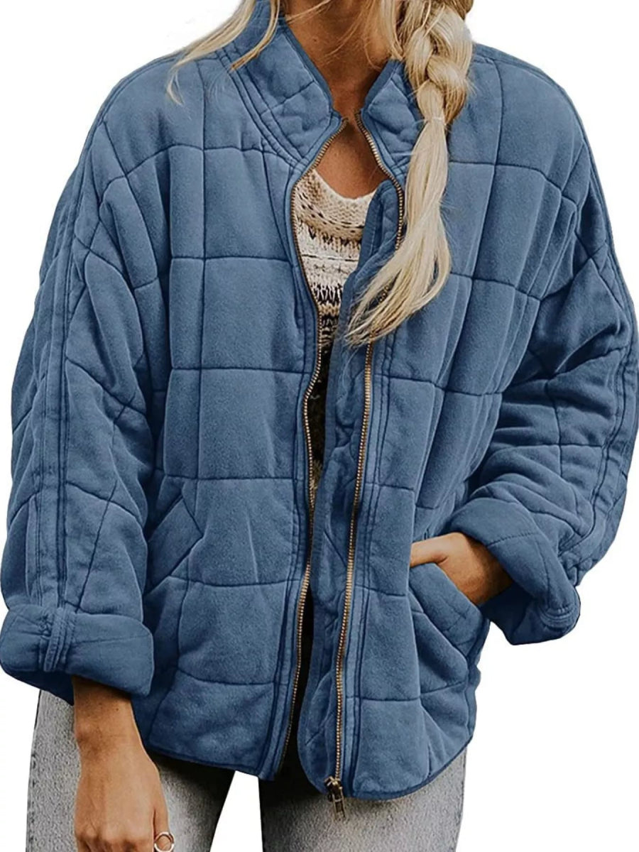 Full Size Zip Up Quilted Bomber Jacket Plus Size - minbolu -