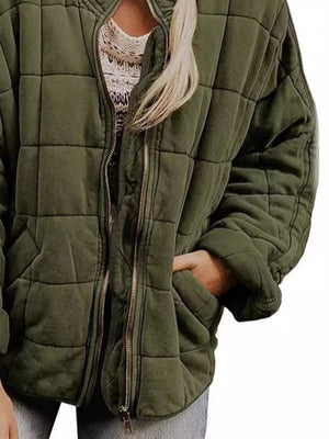 Full Size Zip Up Quilted Bomber Jacket Plus Size - minbolu -