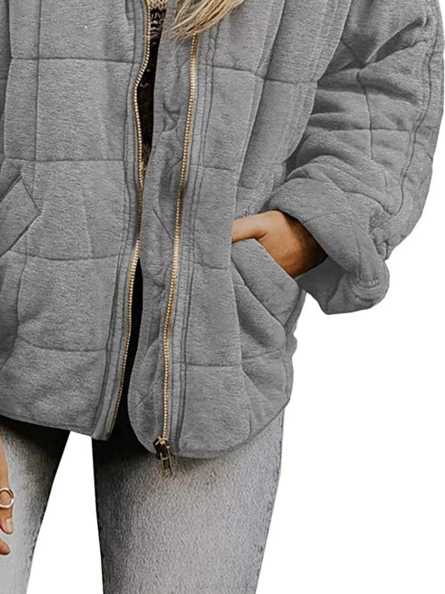 Full Size Zip Up Quilted Bomber Jacket Plus Size - minbolu -