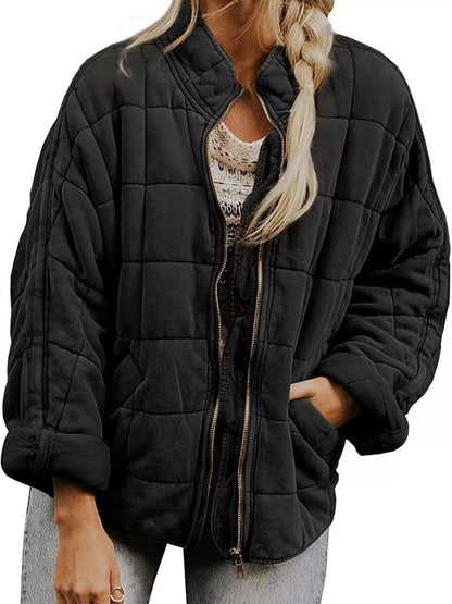 Full Size Zip Up Quilted Bomber Jacket Plus Size - minbolu -