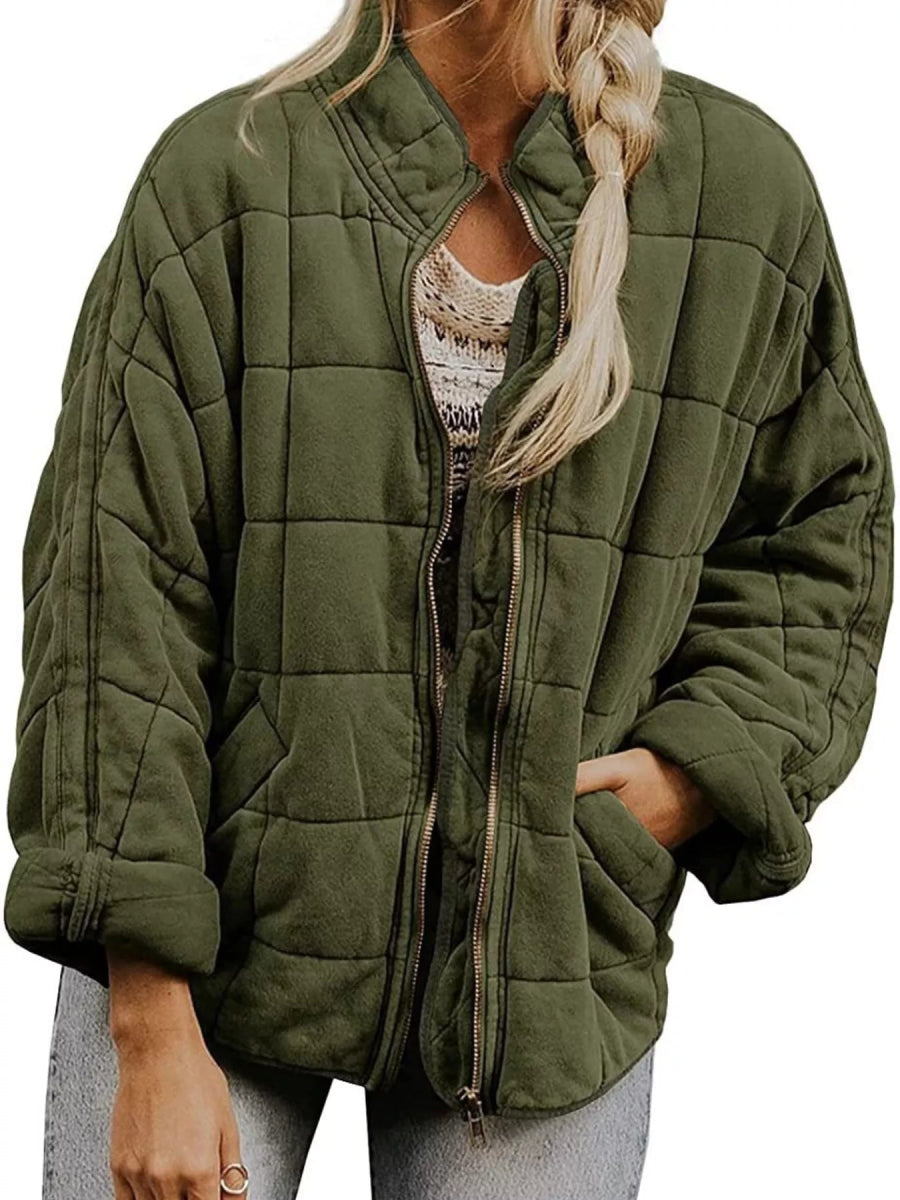 Full Size Zip Up Quilted Bomber Jacket Plus Size - minbolu -