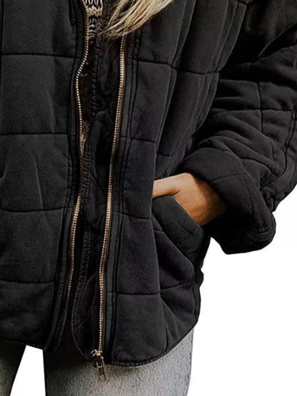 Full Size Zip Up Quilted Bomber Jacket Plus Size - minbolu -