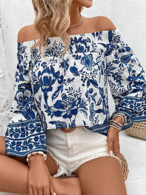 Women's Smocked Printed Off-Shoulder Blouse - Bohemian Floral Design - minbolu -