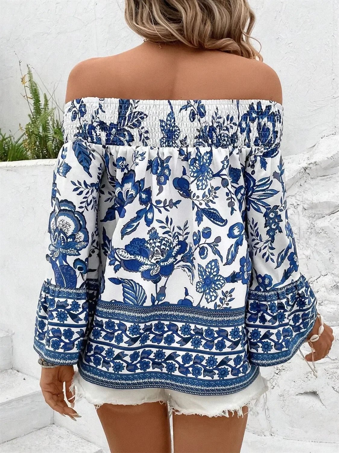 Women's Smocked Printed Off-Shoulder Blouse - Bohemian Floral Design - minbolu -