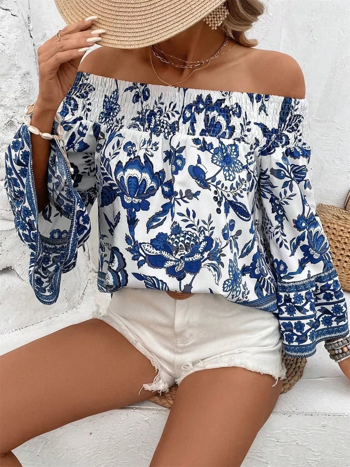 Women's Smocked Printed Off-Shoulder Blouse - Bohemian Floral Design - minbolu -